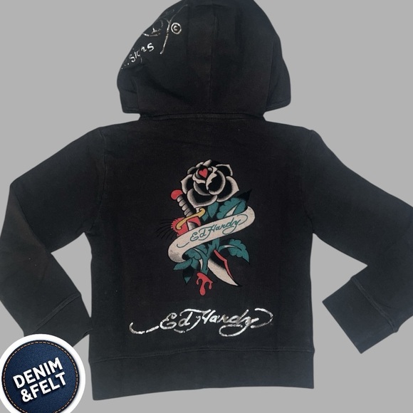 Ed Hardy Black/Carbon Unisex Kids Rose/Dagger Full Zip Hoodie/Sweatshirt | NEW! - Picture 1 of 9